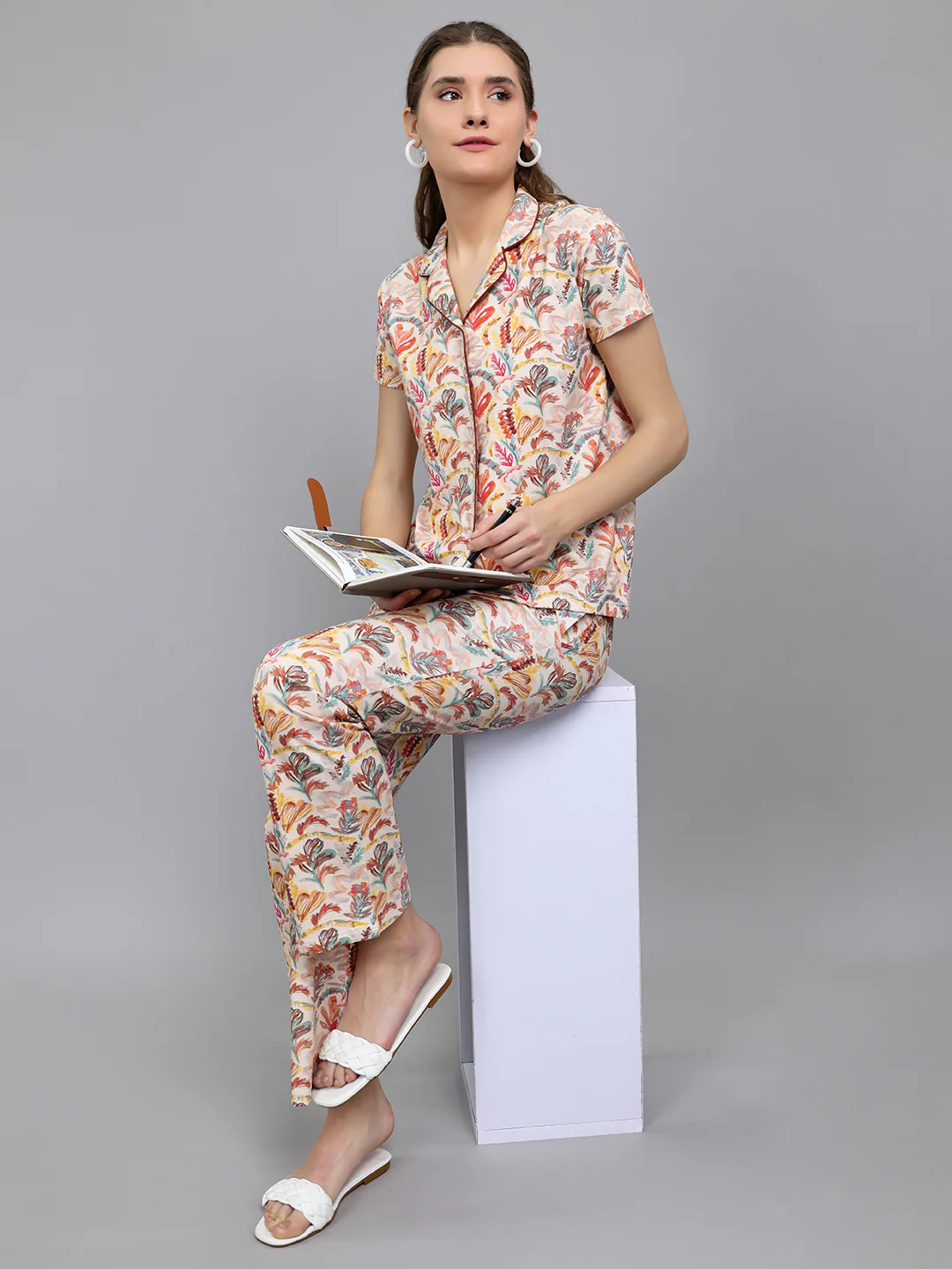 Women Beige Printed Collar Half Sleeve Lower Set - Image 5