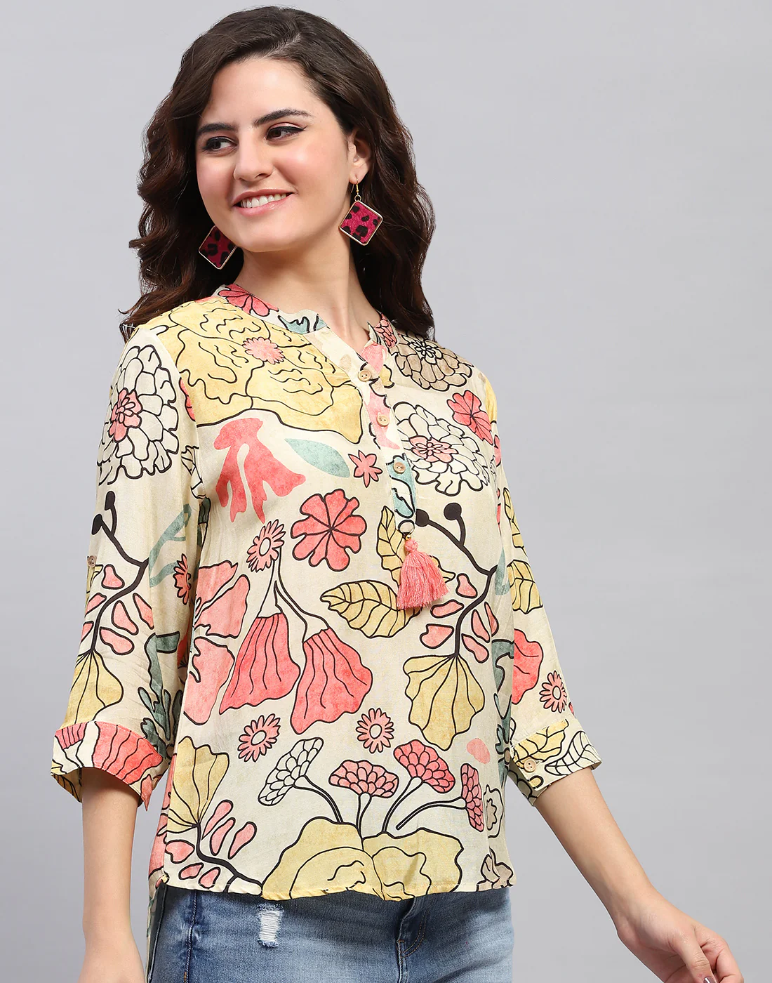 Women Beige Printed Fashion Neck 3/4 Sleeve Top - Image 4