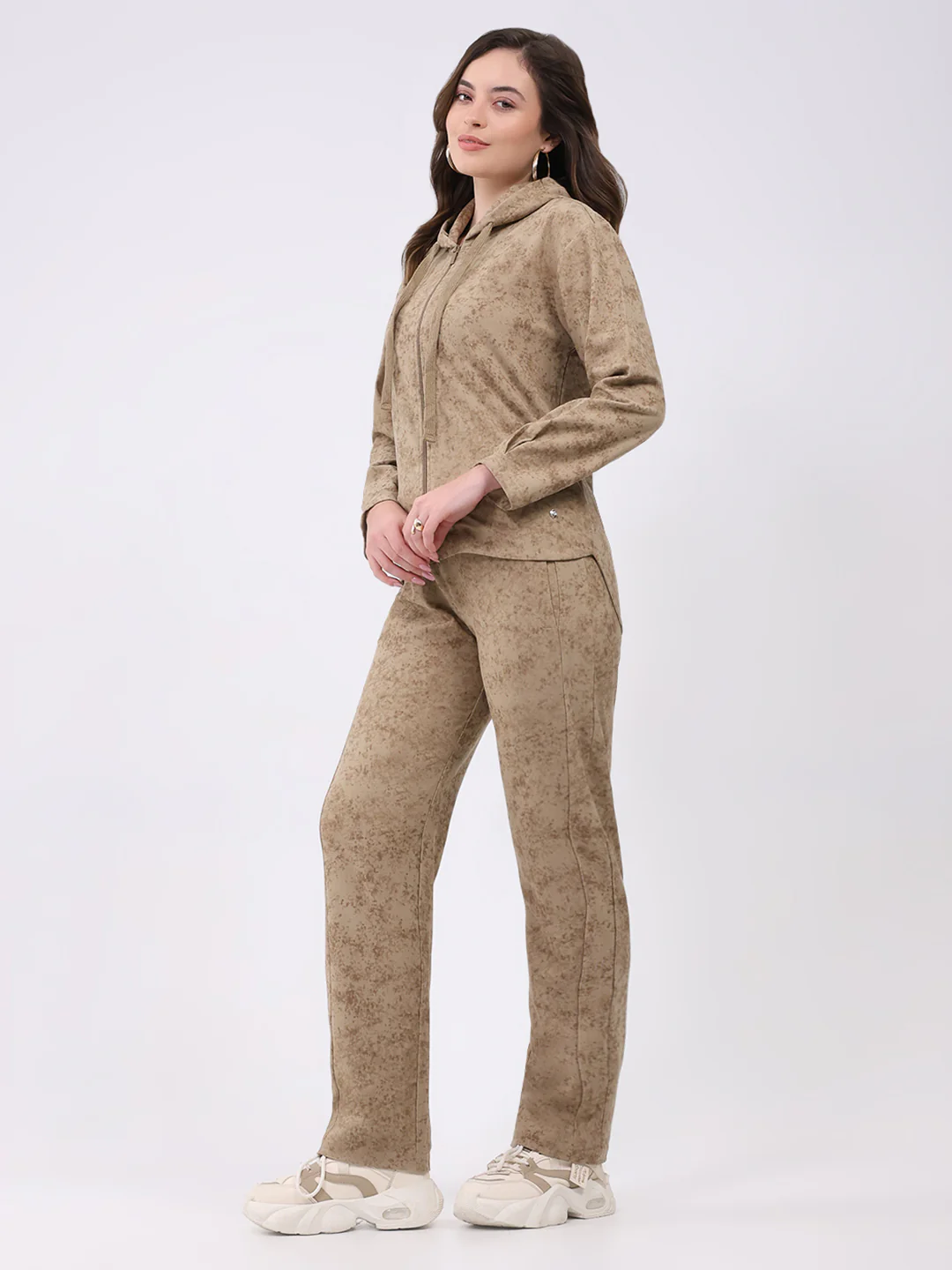Women Beige Printed Hooded Full Sleeve Cords Set - Image 4