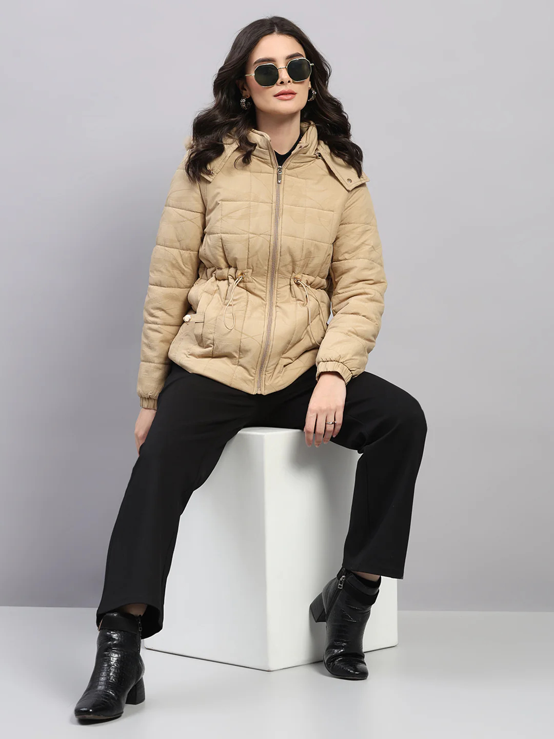 Women Beige Printed Hooded Full Sleeve Jacket (-10° Protection) - Image 2