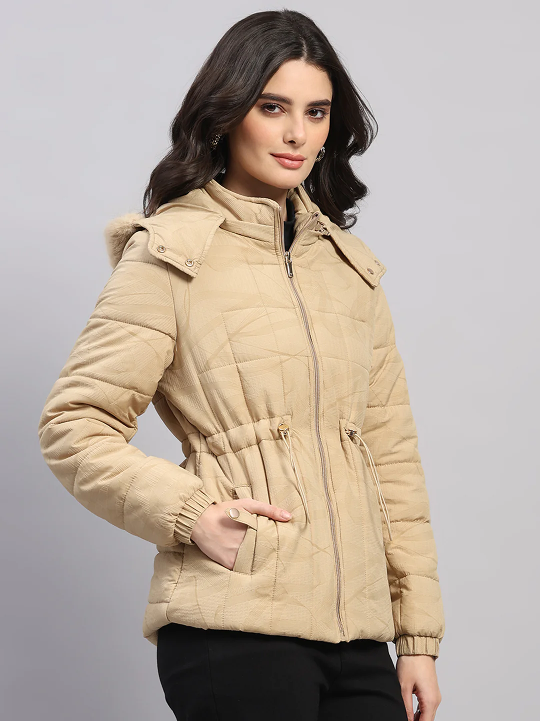 Women Beige Printed Hooded Full Sleeve Jacket (-10° Protection) - Image 4