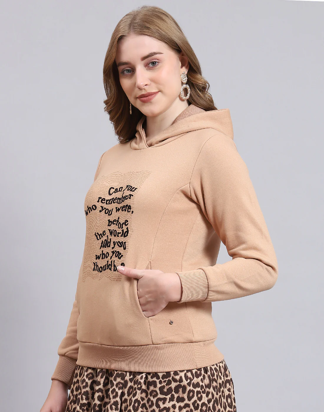 Women Beige Printed Hooded Full Sleeve Sweatshirt - Image 4