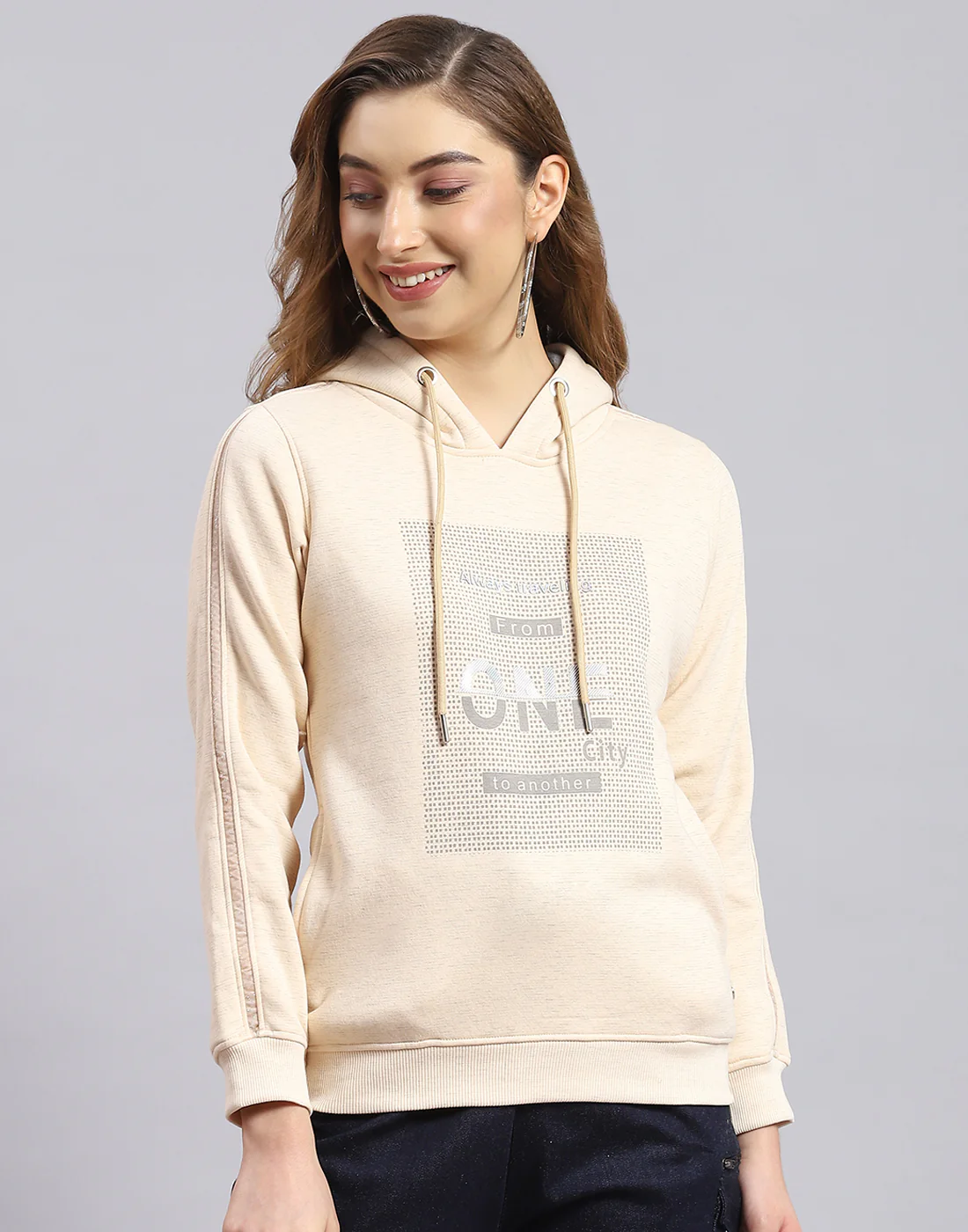 Women Beige Printed Hooded Full Sleeve Sweatshirt - Image 3