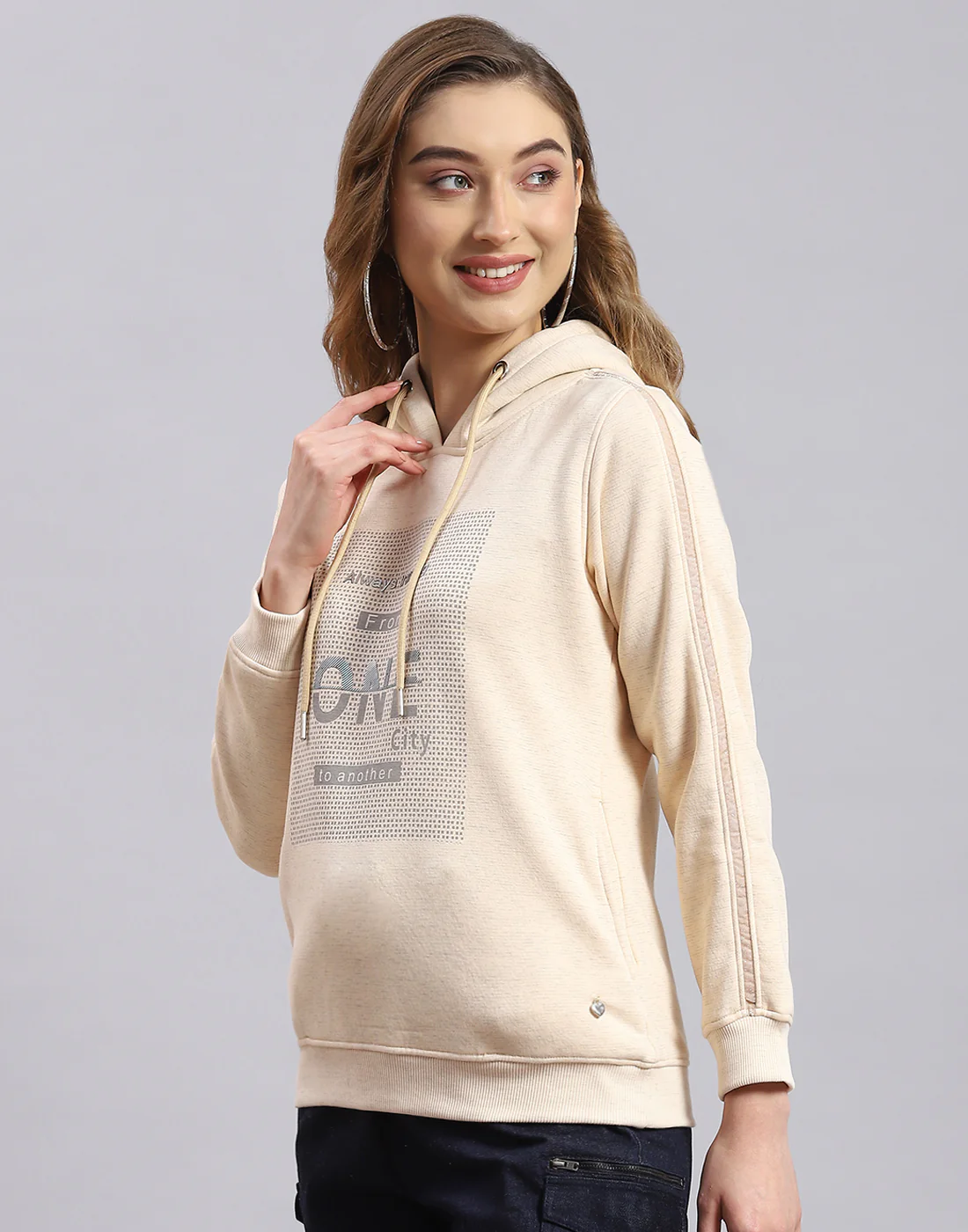 Women Beige Printed Hooded Full Sleeve Sweatshirt - Image 4