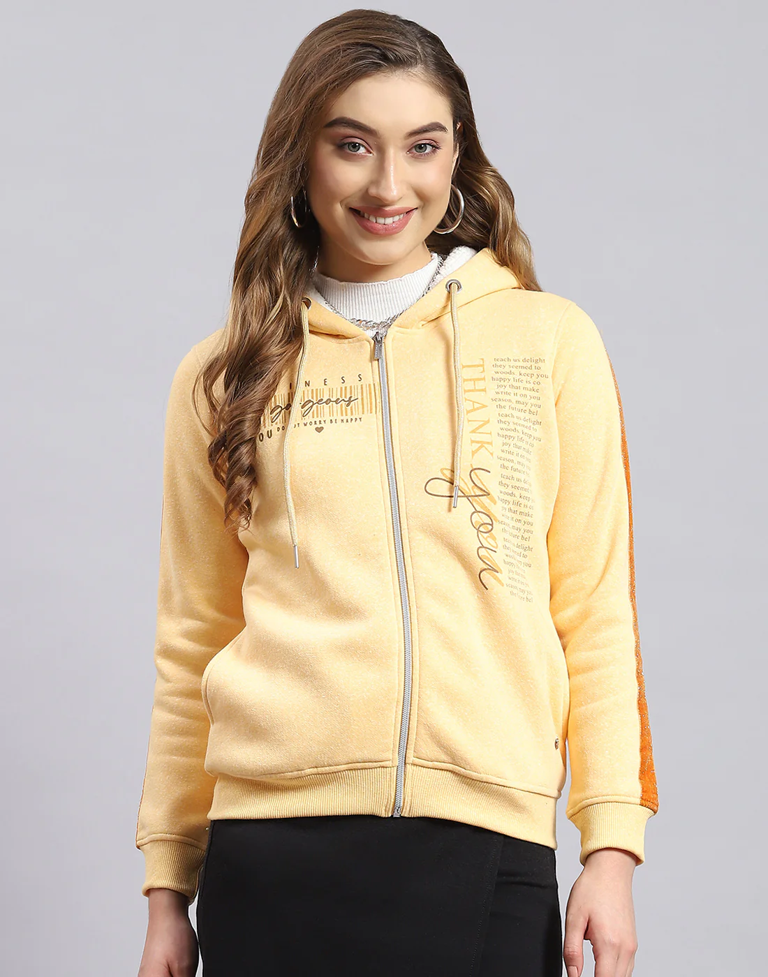 Women Beige Printed Hooded Full Sleeve Sweatshirt - Image 2