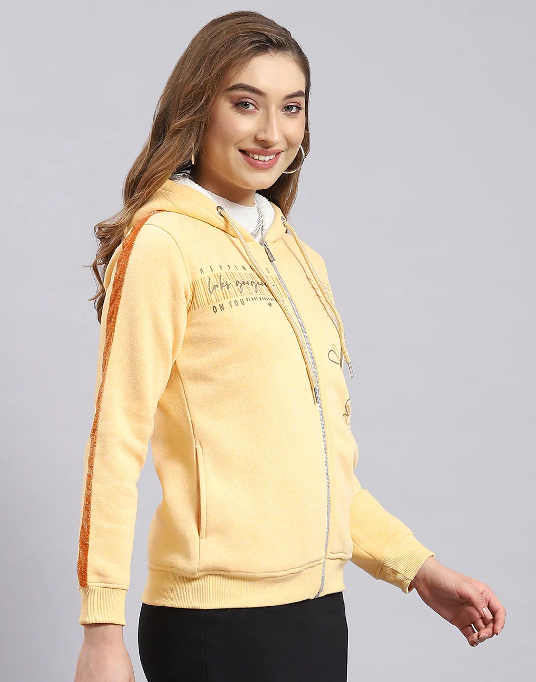 Women Beige Printed Hooded Full Sleeve Sweatshirt - Image 4