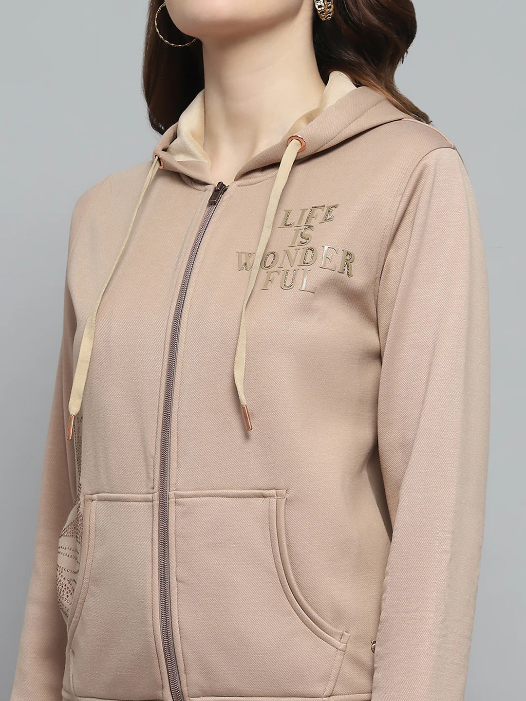 Women Beige Printed Hooded Full Sleeve Sweatshirt - Image 6