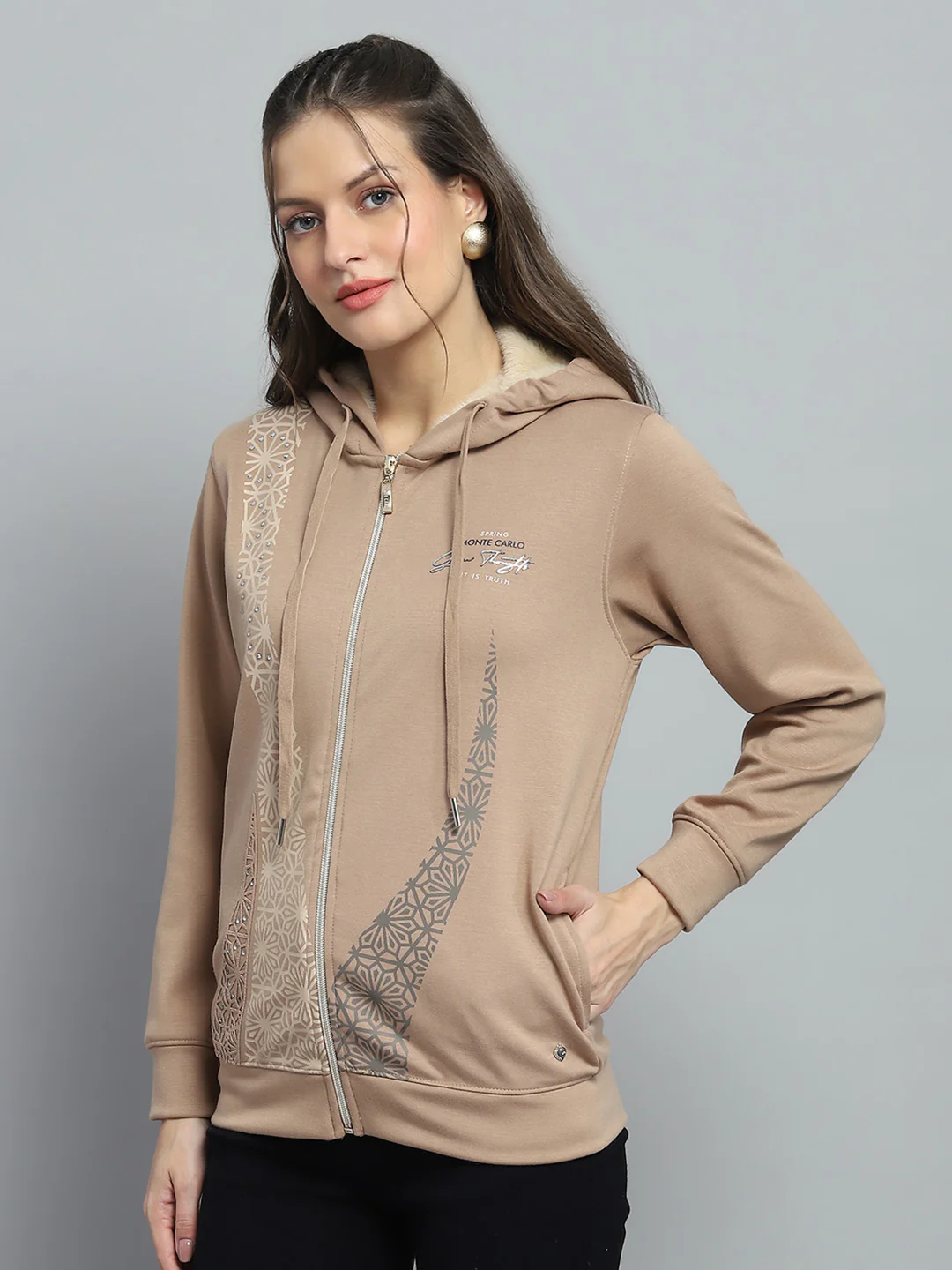 Women Beige Printed Hooded Full Sleeve Sweatshirt - Image 3