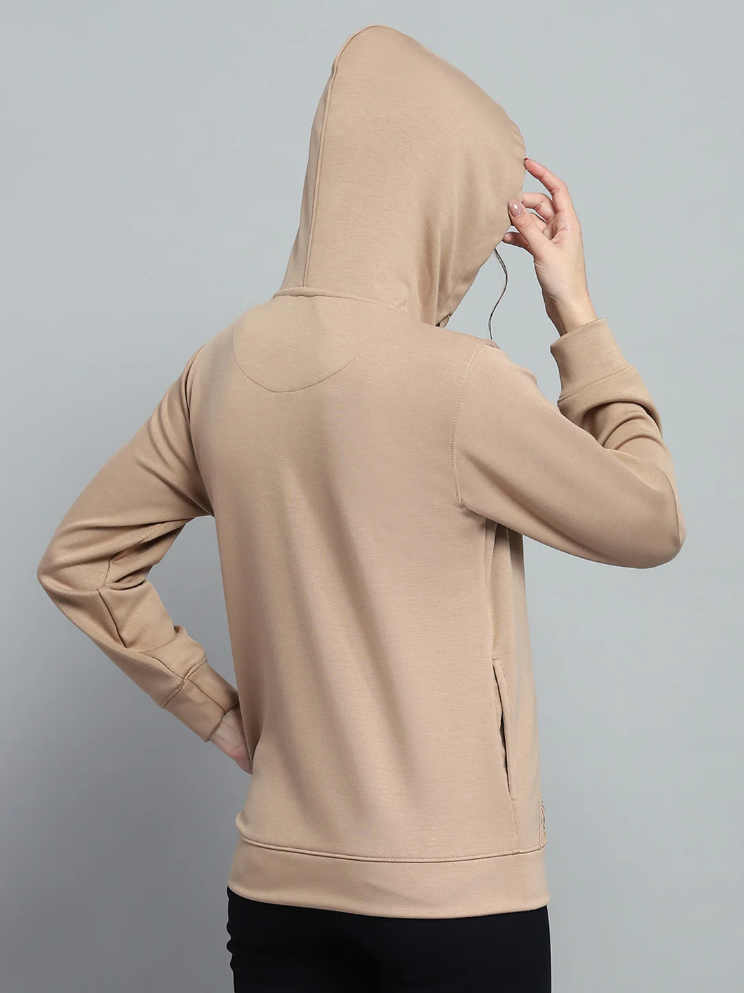 Women Beige Printed Hooded Full Sleeve Sweatshirt - Image 5