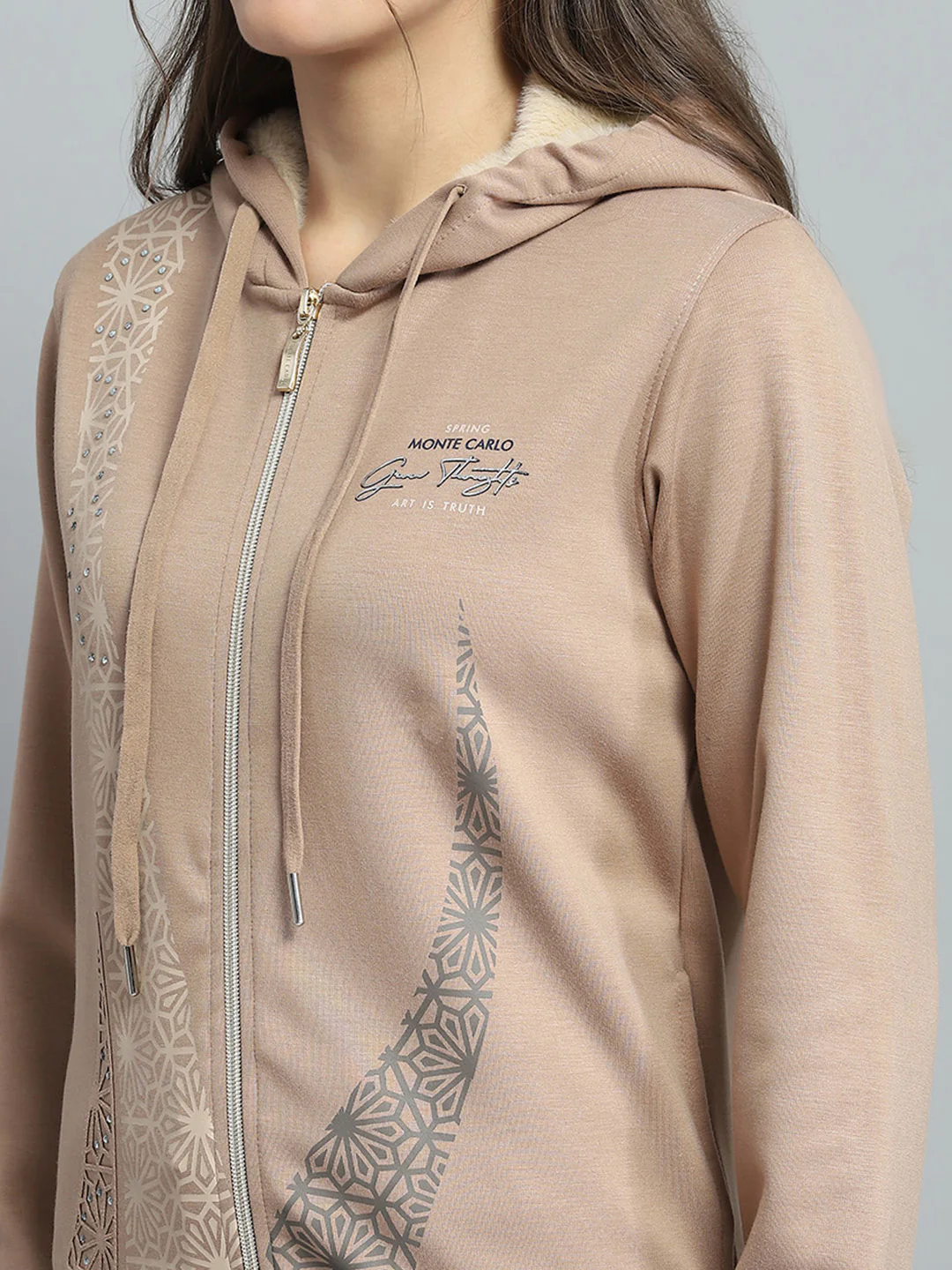 Women Beige Printed Hooded Full Sleeve Sweatshirt - Image 7