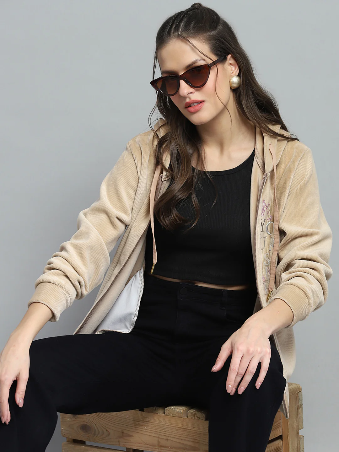 Women Beige Printed Hooded Full Sleeve Sweatshirt - Image 6