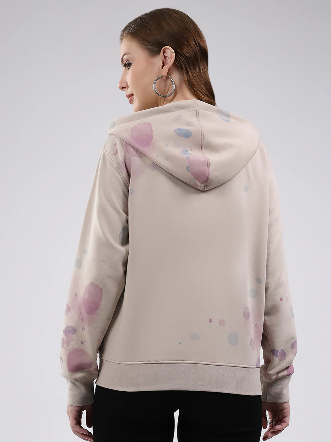 Women Beige Printed Hooded Full Sleeve Sweatshirt - Image 5