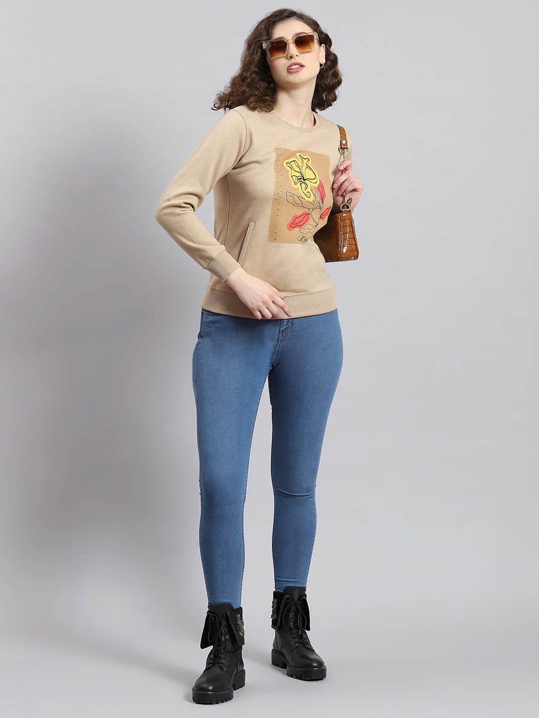 Women Beige Printed Round Neck Full Sleeve Sweatshirt - Image 2