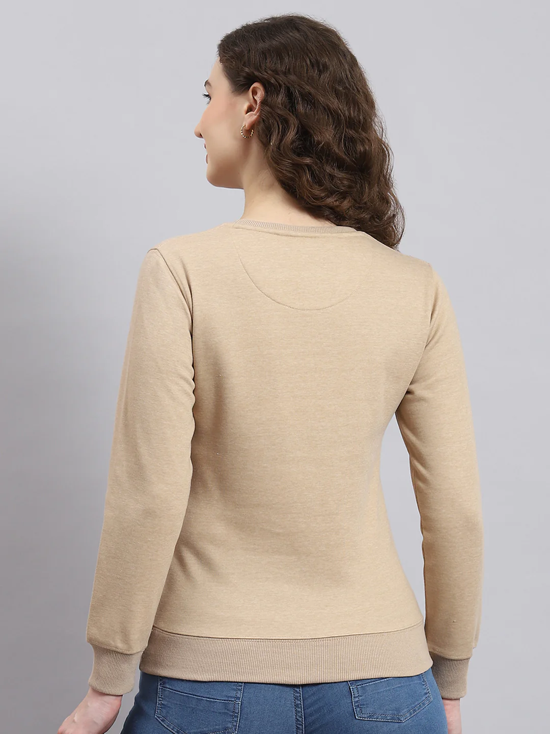 Women Beige Printed Round Neck Full Sleeve Sweatshirt - Image 5