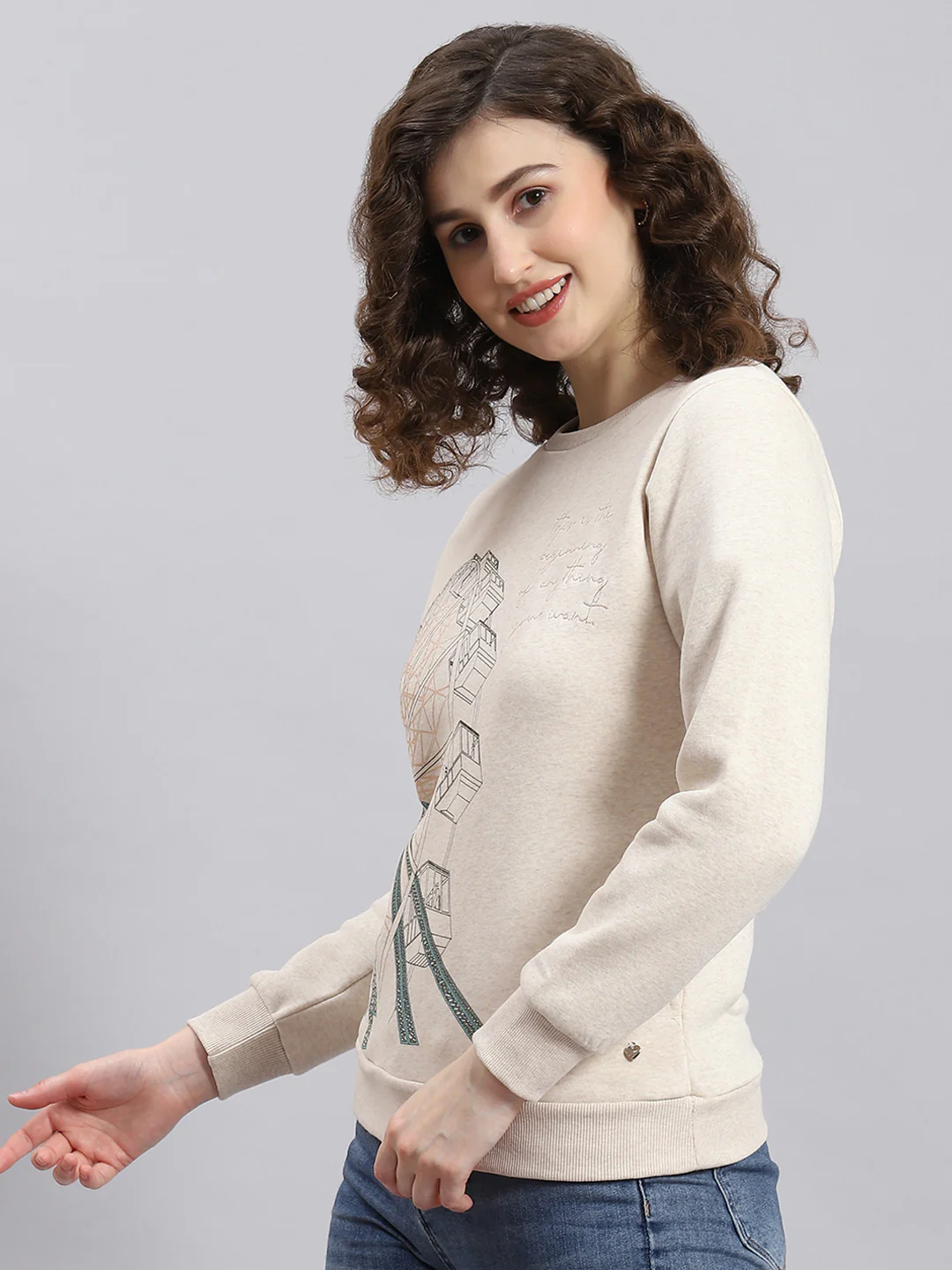 Women Beige Printed Round Neck Full Sleeve Sweatshirt - Image 3