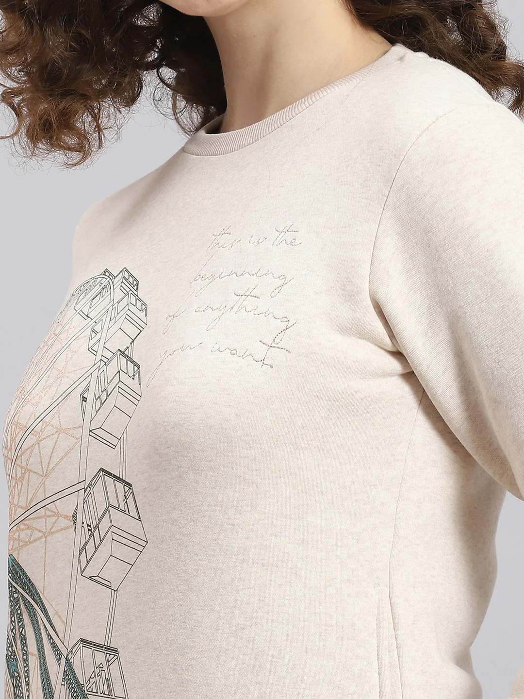 Women Beige Printed Round Neck Full Sleeve Sweatshirt - Image 6