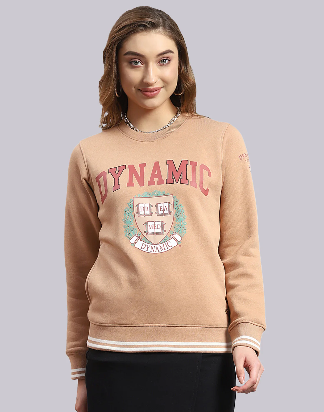 Women Beige Printed Round Neck Full Sleeve Sweatshirt - Image 3