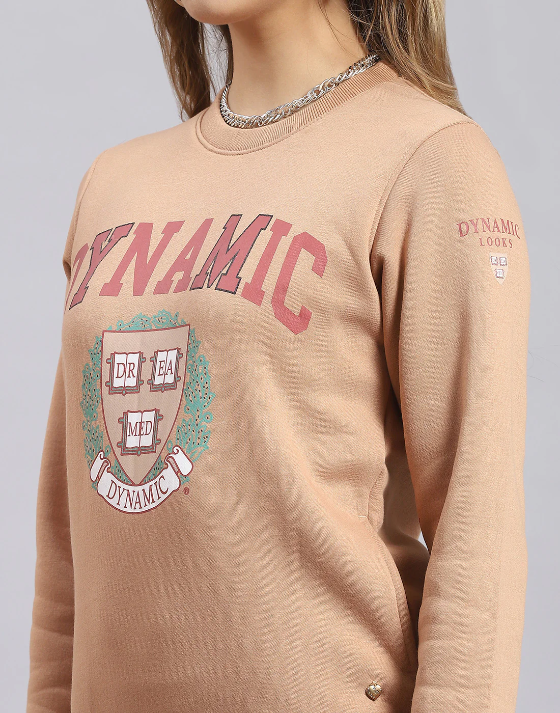 Women Beige Printed Round Neck Full Sleeve Sweatshirt - Image 7