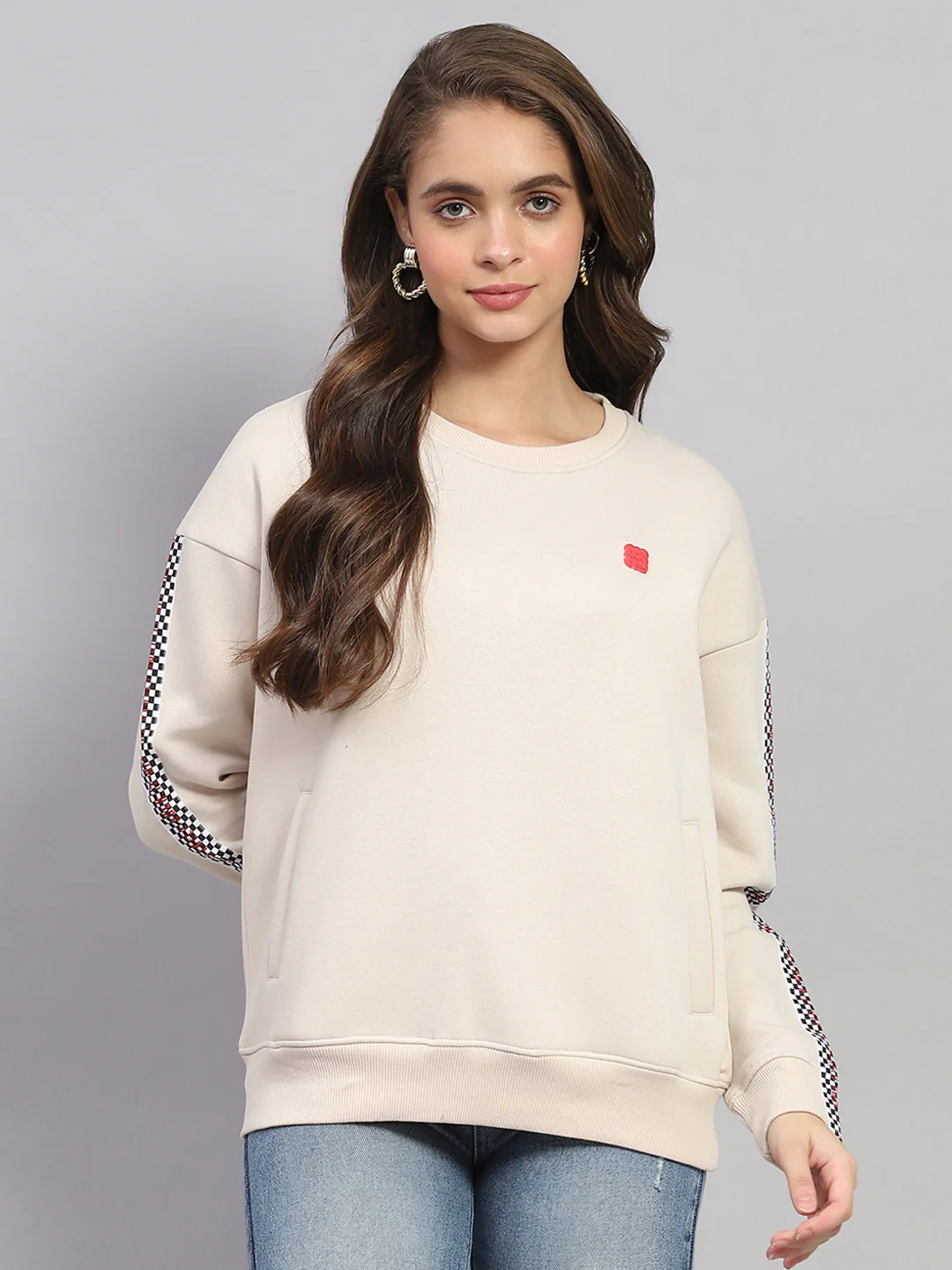 Rock.it Women Beige Printed Round Neck Full Sleeve Sweatshirt - Image 2