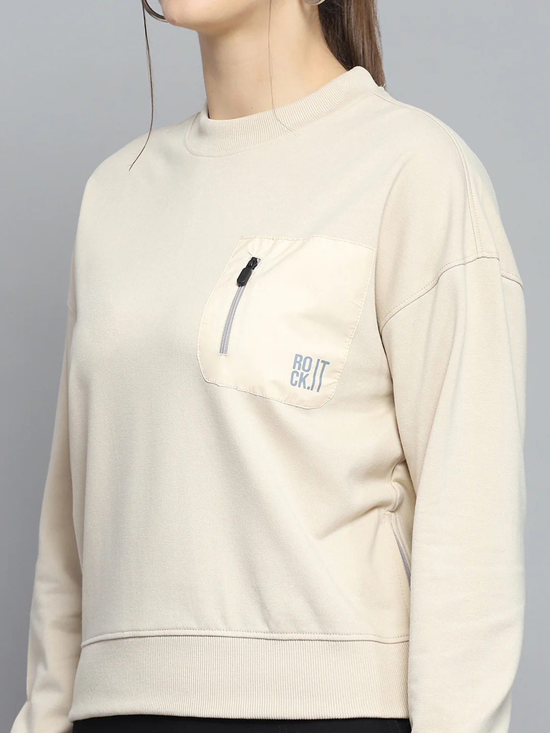 Rock.it Women Beige Printed Round Neck Full Sleeve Sweatshirt - Image 6