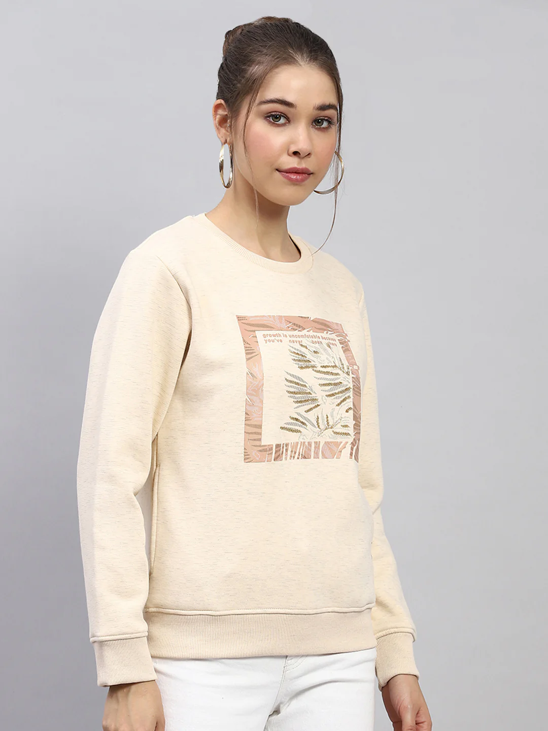 Women Beige Printed Round Neck Full Sleeve Sweatshirt - Image 4