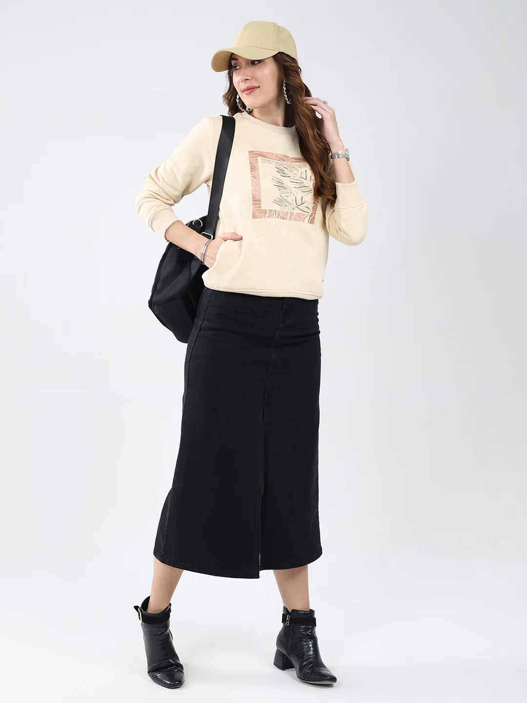 Women Beige Printed Round Neck Full Sleeve Sweatshirt - Image 2
