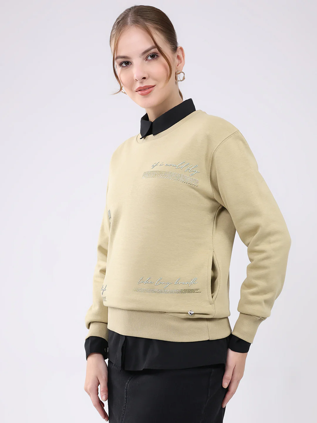 Women Beige Printed Round Neck Full Sleeve Sweatshirt - Image 3
