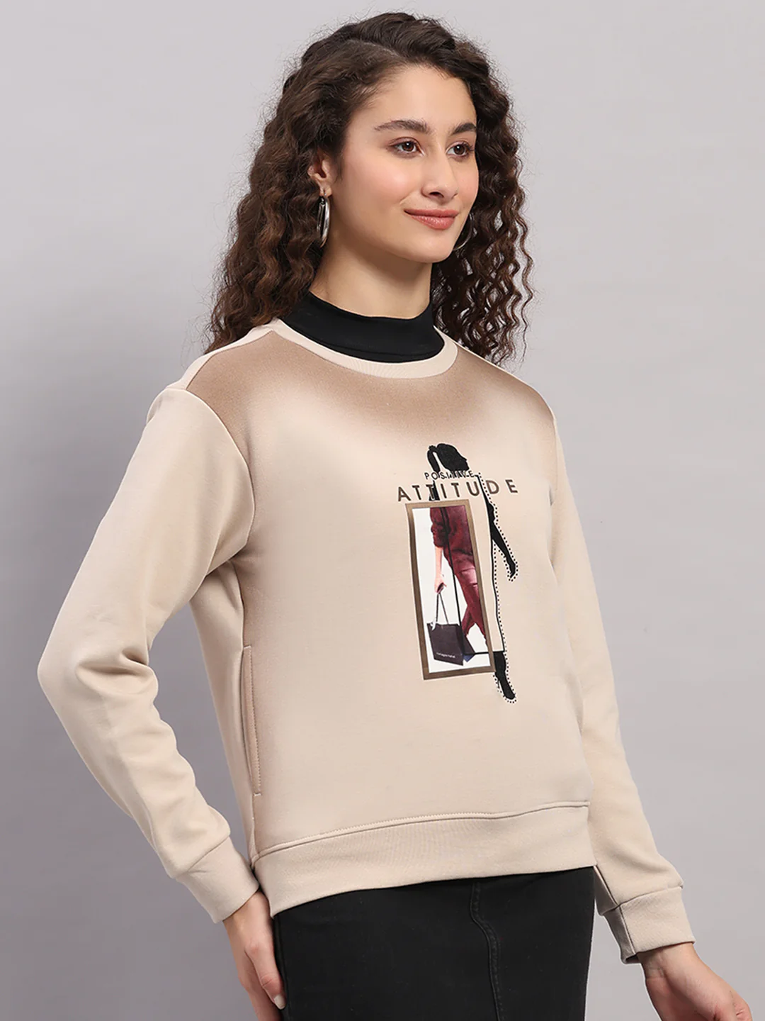 Women Beige Printed Round Neck Full Sleeve Sweatshirt - Image 4