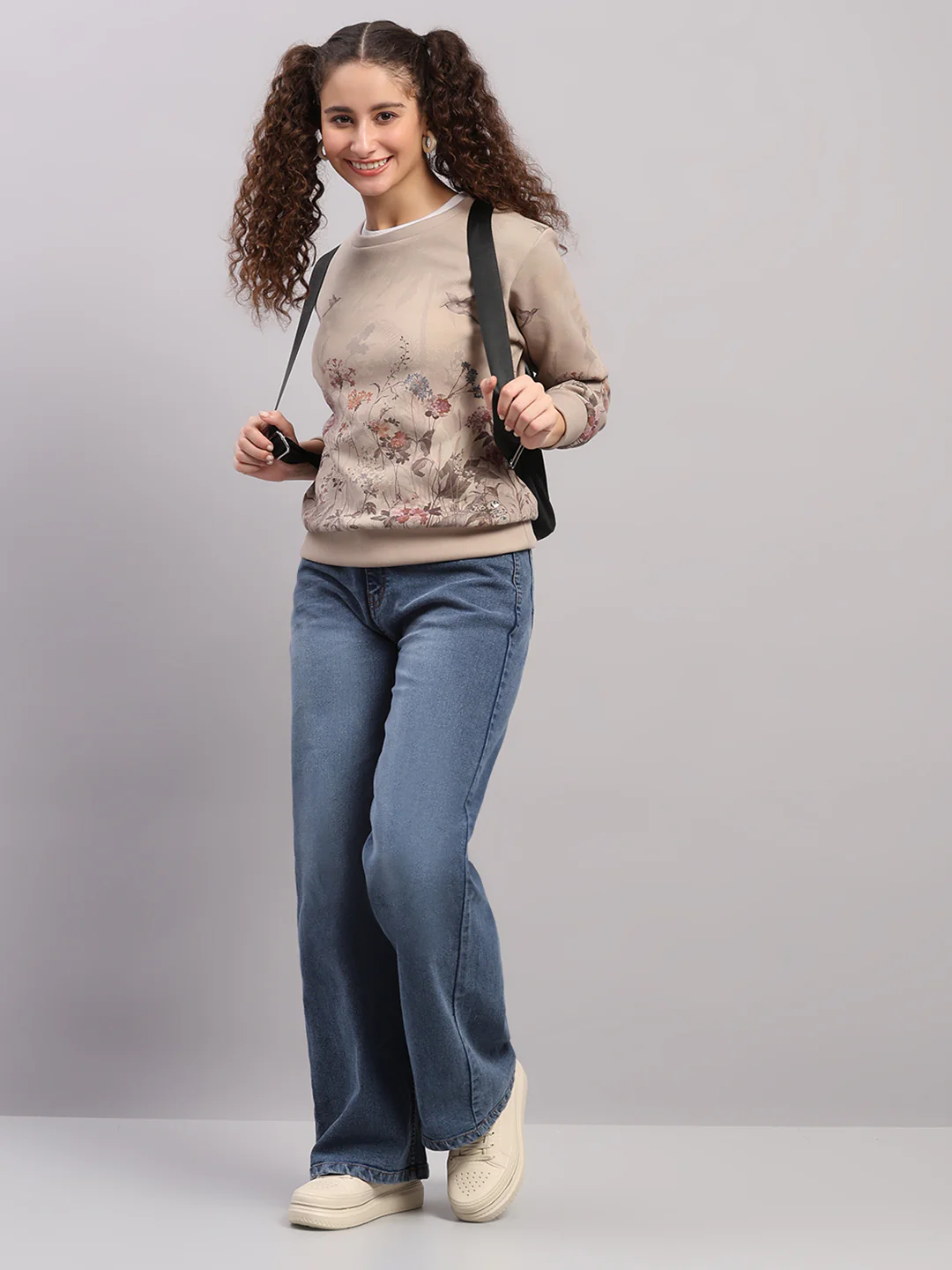 Women Beige Printed Round Neck Full Sleeve Sweatshirt - Image 2