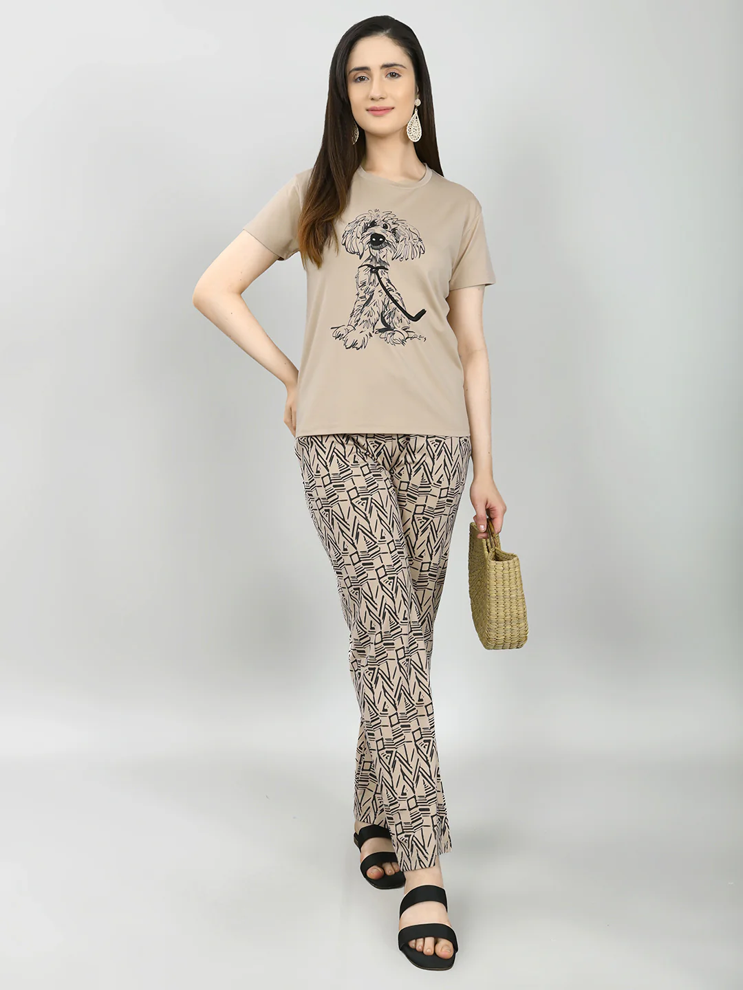 Women Beige Printed Round Neck Half Sleeve Combo 3 Pc Set (Top, Shorts & Lower) - Image 6