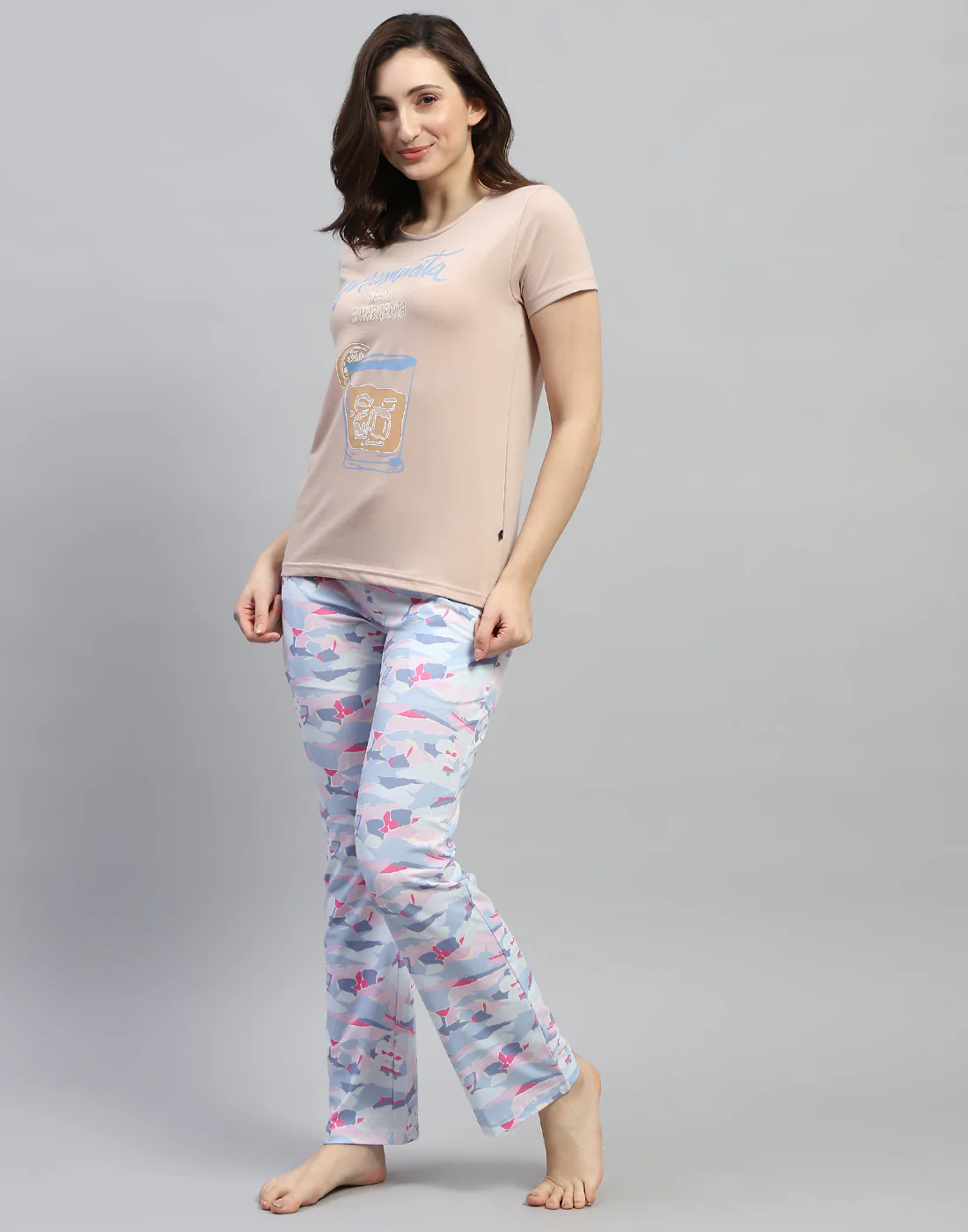 Women Beige Printed Round Neck Half Sleeve Lower Set - Image 3