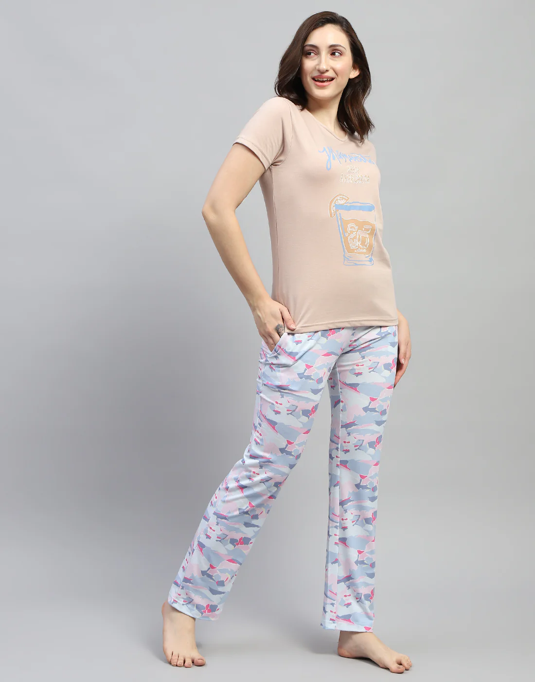 Women Beige Printed Round Neck Half Sleeve Lower Set - Image 4