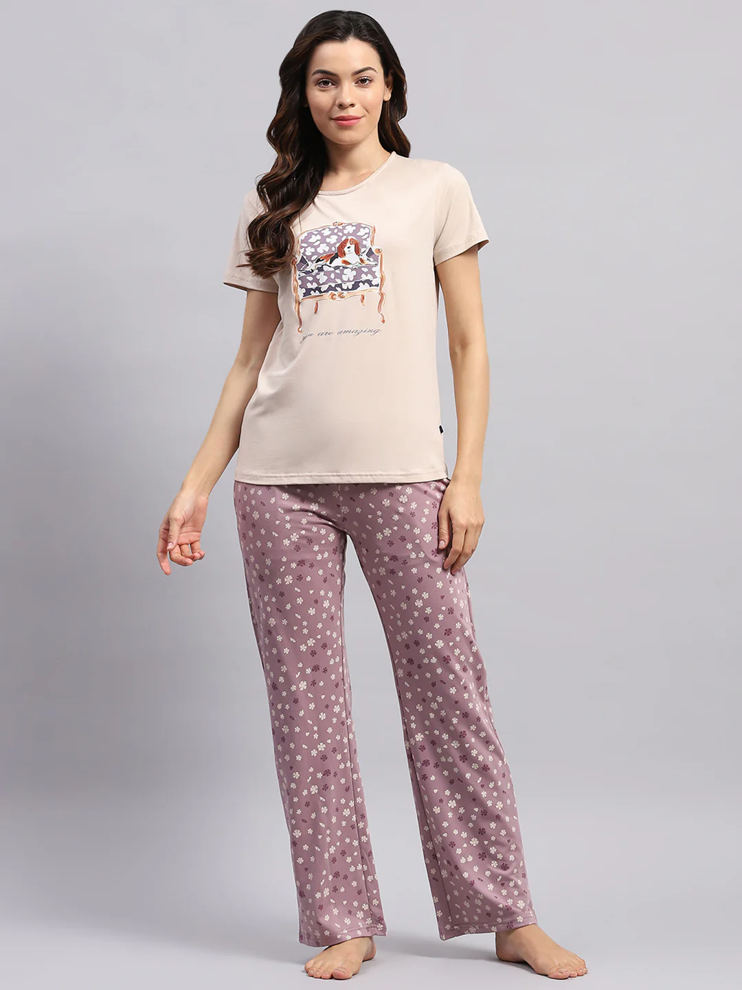 Women Beige Printed Round Neck Half Sleeve Lower Set - Image 2