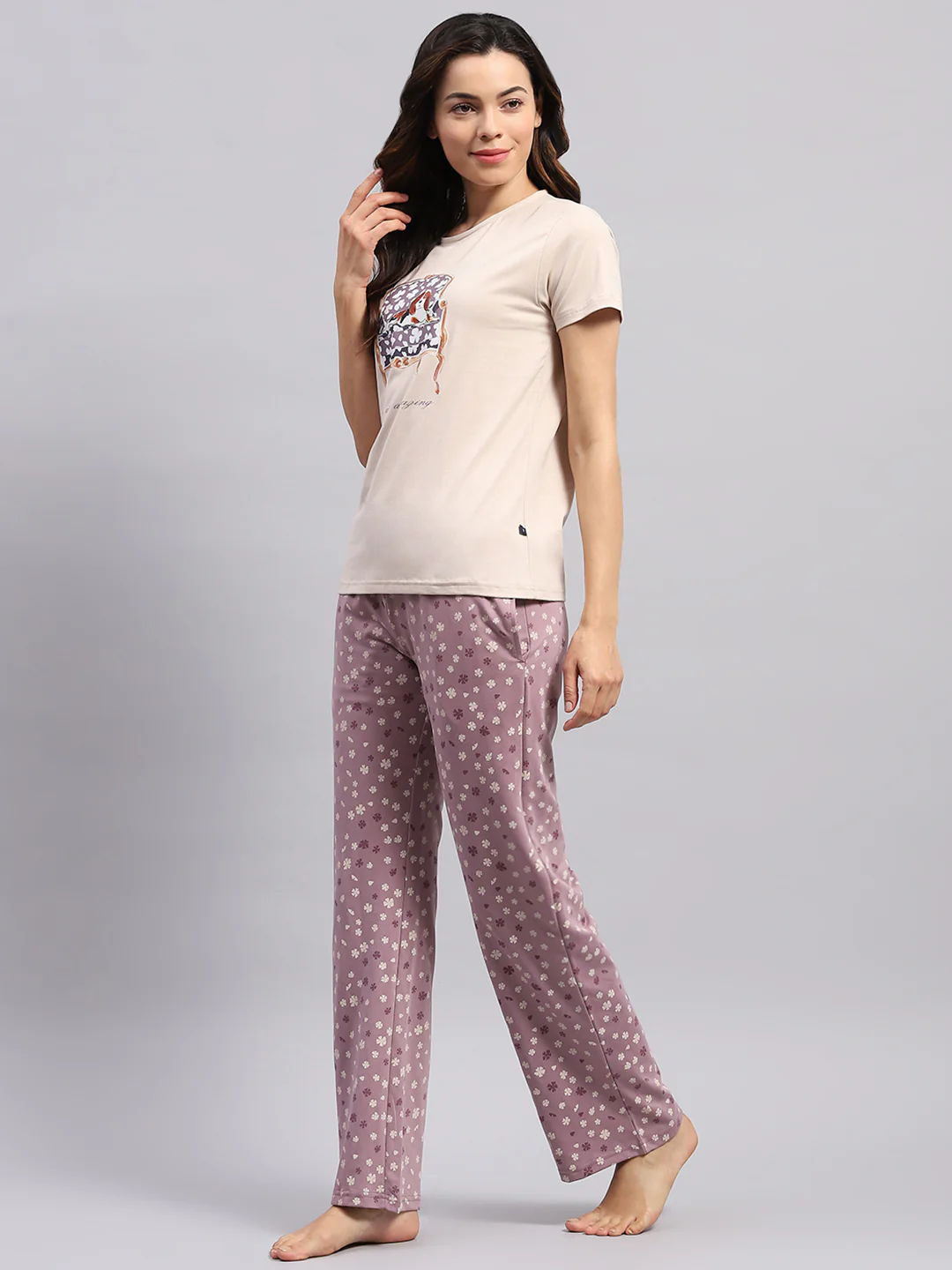 Women Beige Printed Round Neck Half Sleeve Lower Set - Image 3