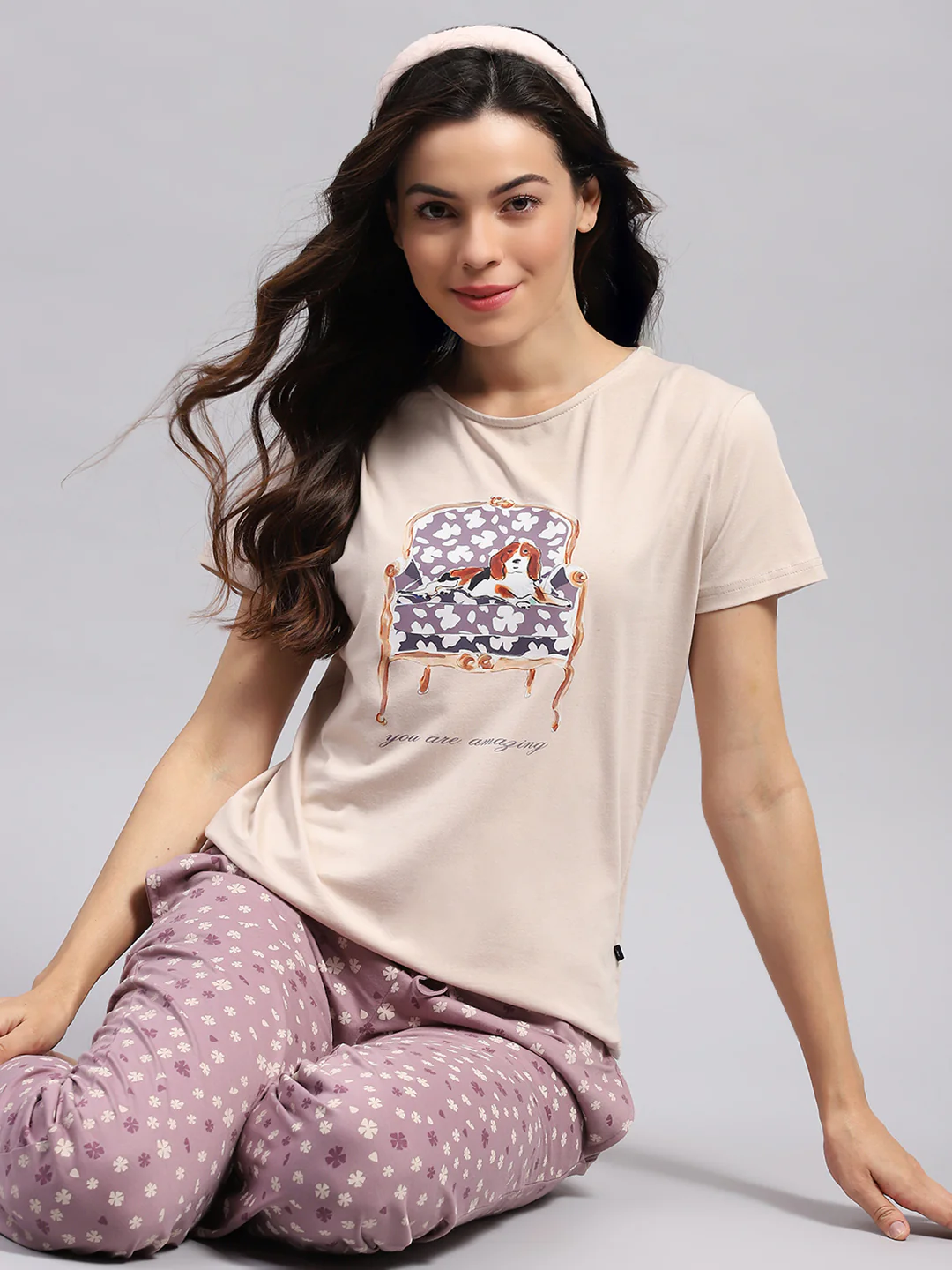 Women Beige Printed Round Neck Half Sleeve Lower Set - Image 6