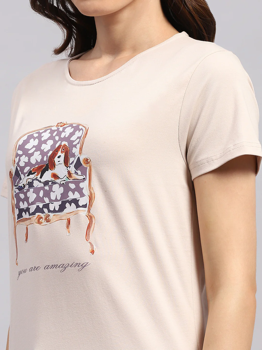 Women Beige Printed Round Neck Half Sleeve Lower Set - Image 7