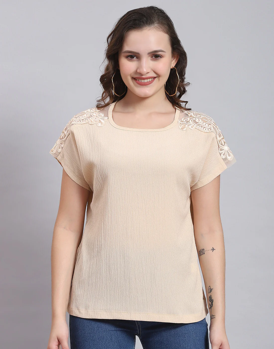 Women Beige Printed Round Neck Half Sleeve Top - Image 2