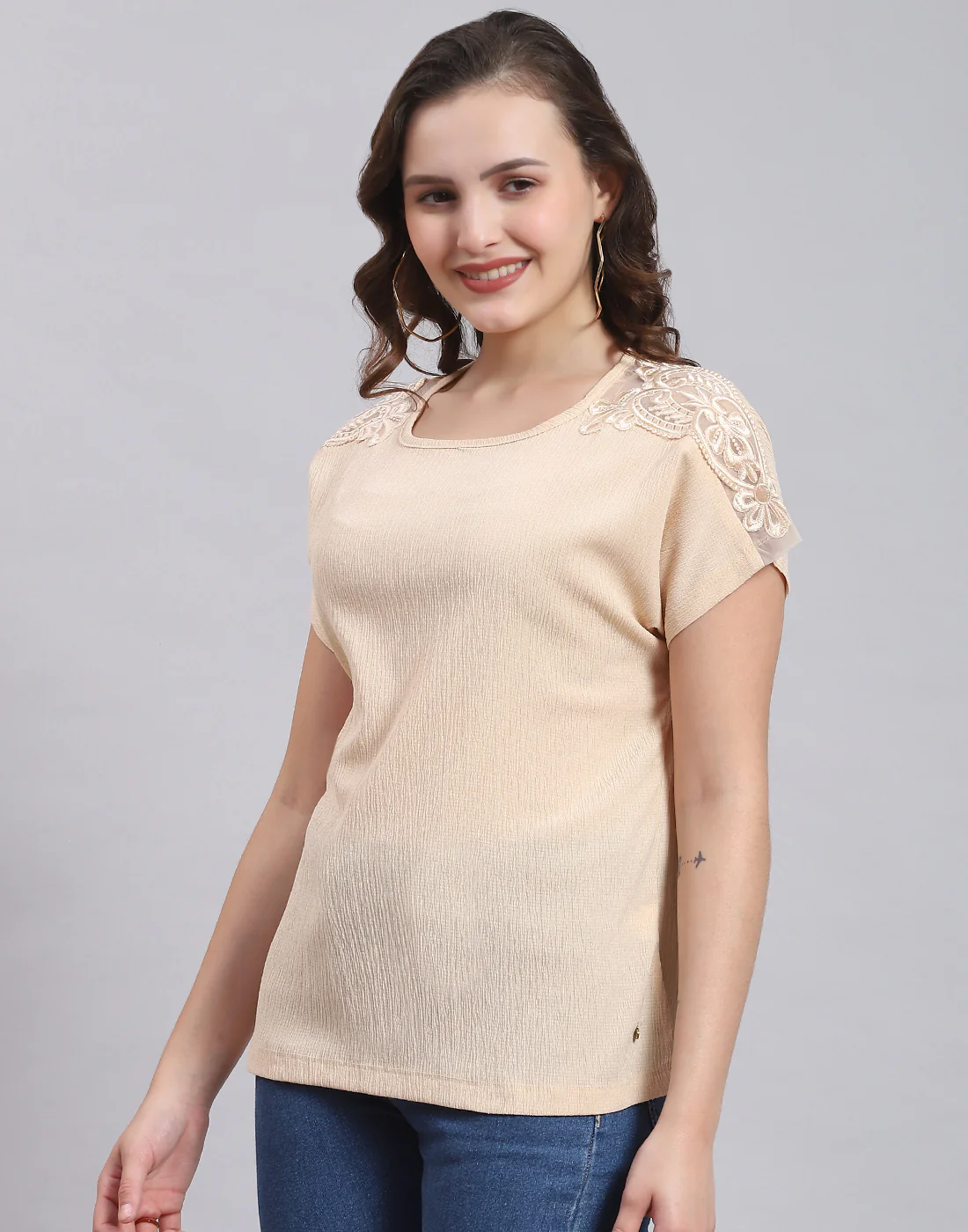 Women Beige Printed Round Neck Half Sleeve Top - Image 3