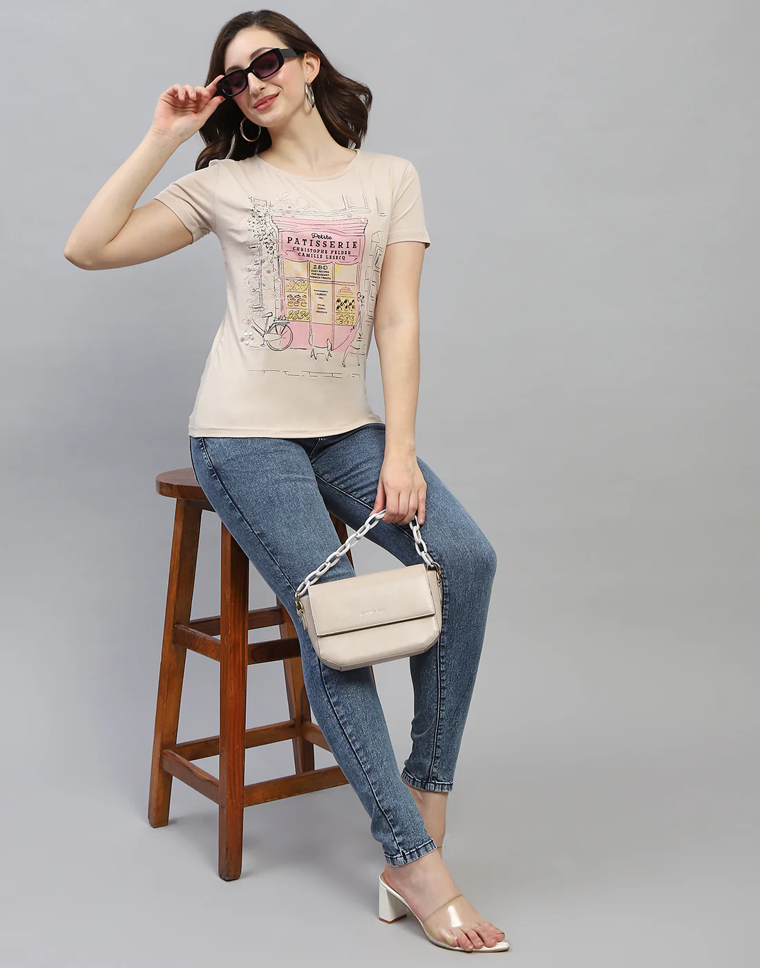 Women Beige Printed Round Neck Half Sleeve Top - Image 2