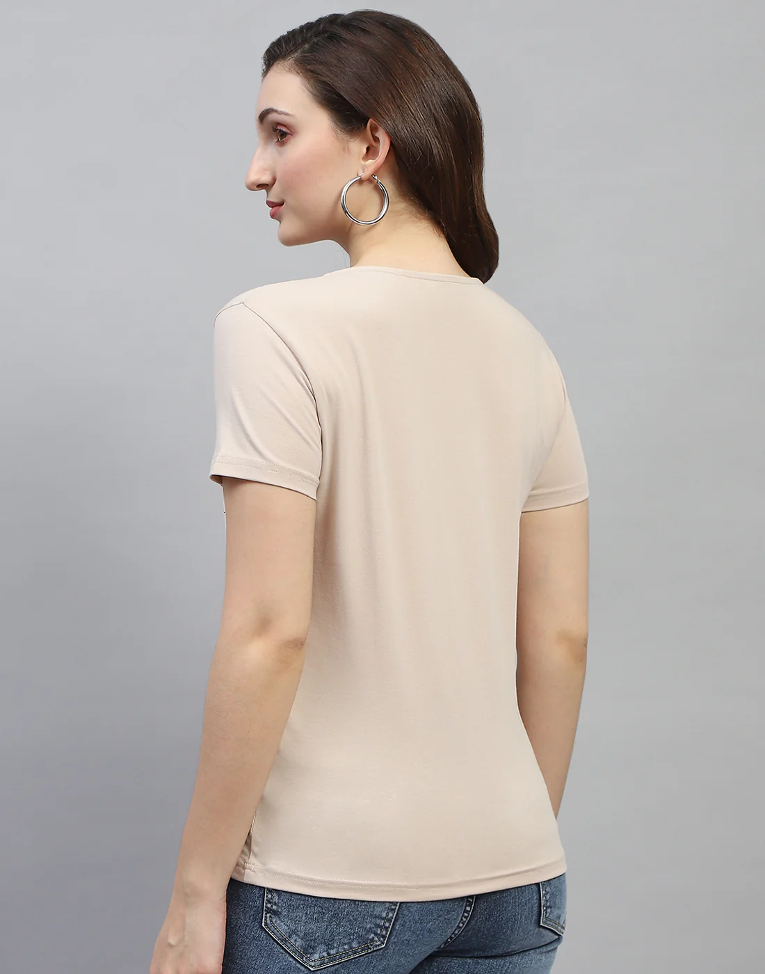 Women Beige Printed Round Neck Half Sleeve Top - Image 5