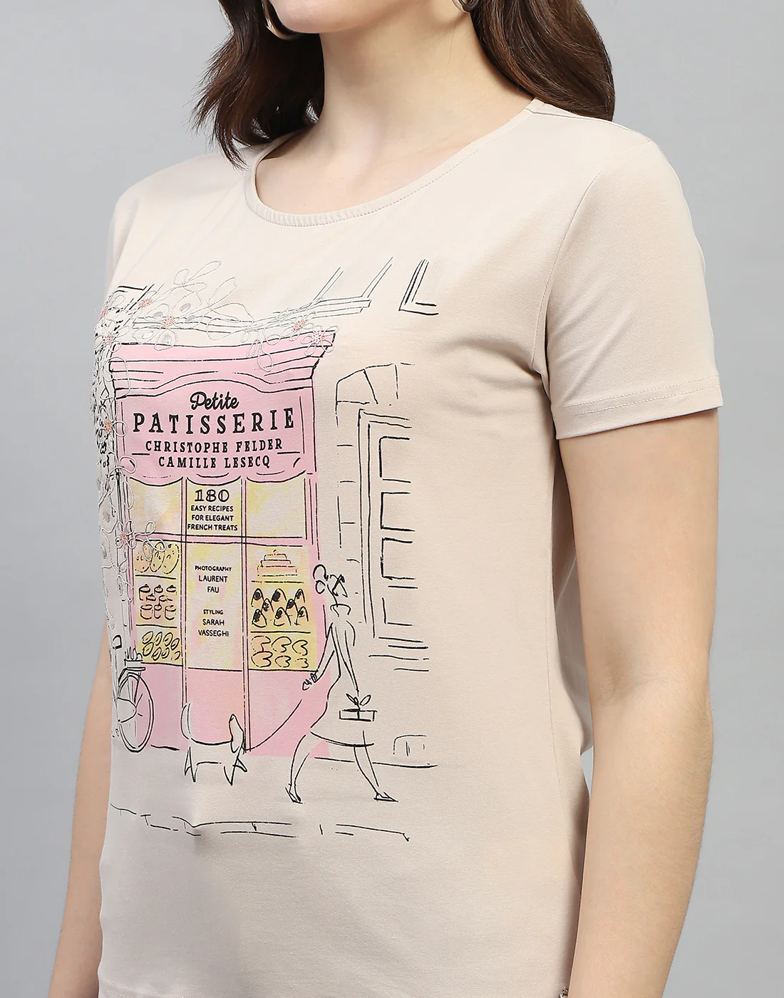 Women Beige Printed Round Neck Half Sleeve Top - Image 6