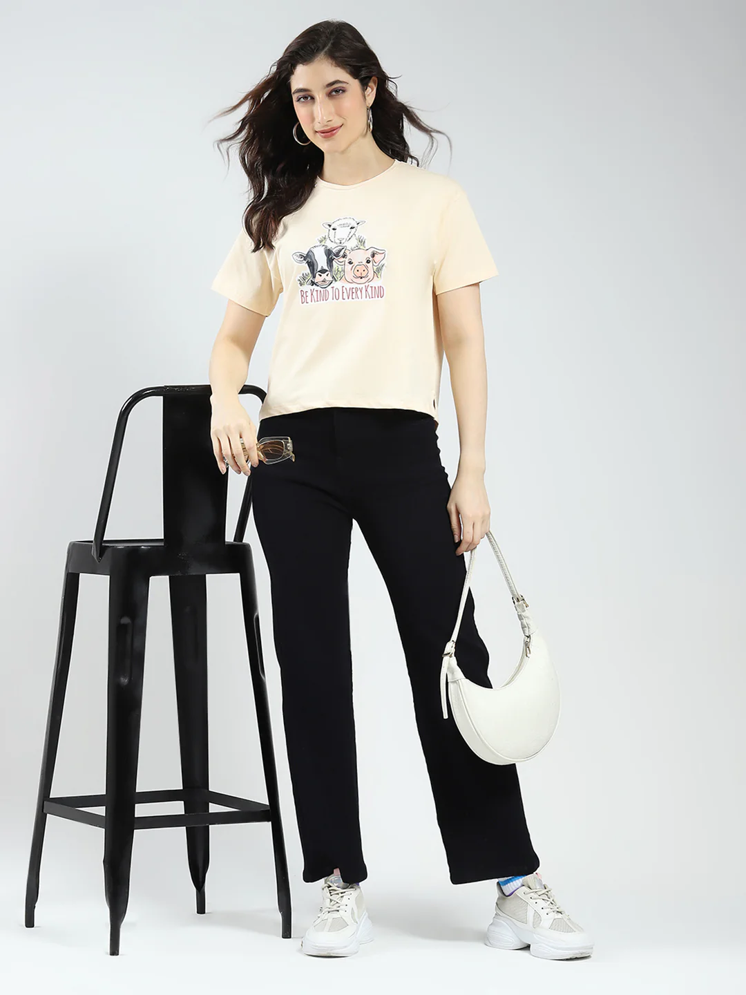 Women Beige Printed Round Neck Half Sleeve Top - Image 2