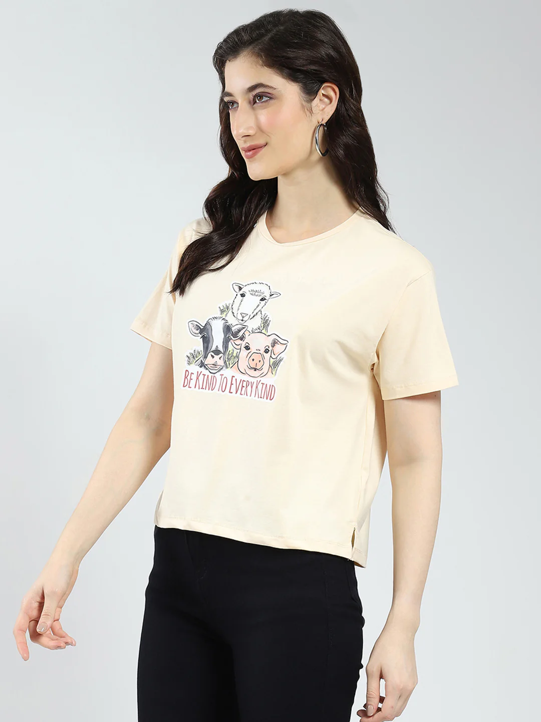 Women Beige Printed Round Neck Half Sleeve Top - Image 4