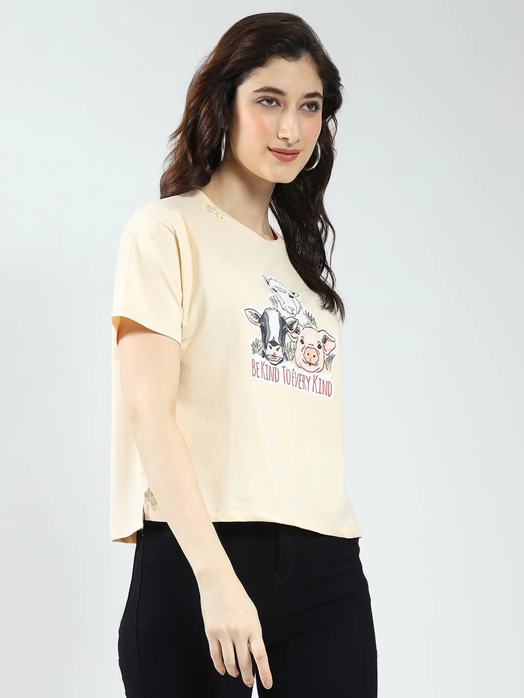 Women Beige Printed Round Neck Half Sleeve Top - Image 5