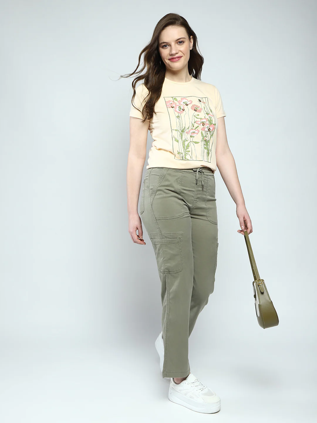 Women Beige Printed Round Neck Half Sleeve Top - Image 2