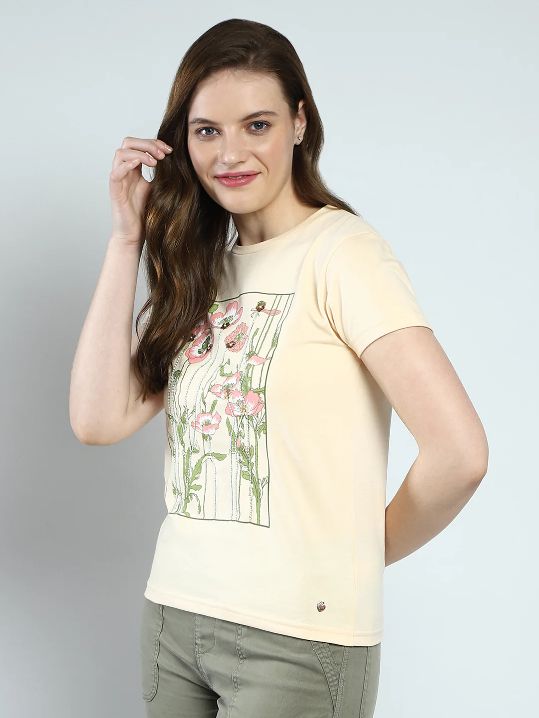 Women Beige Printed Round Neck Half Sleeve Top - Image 3