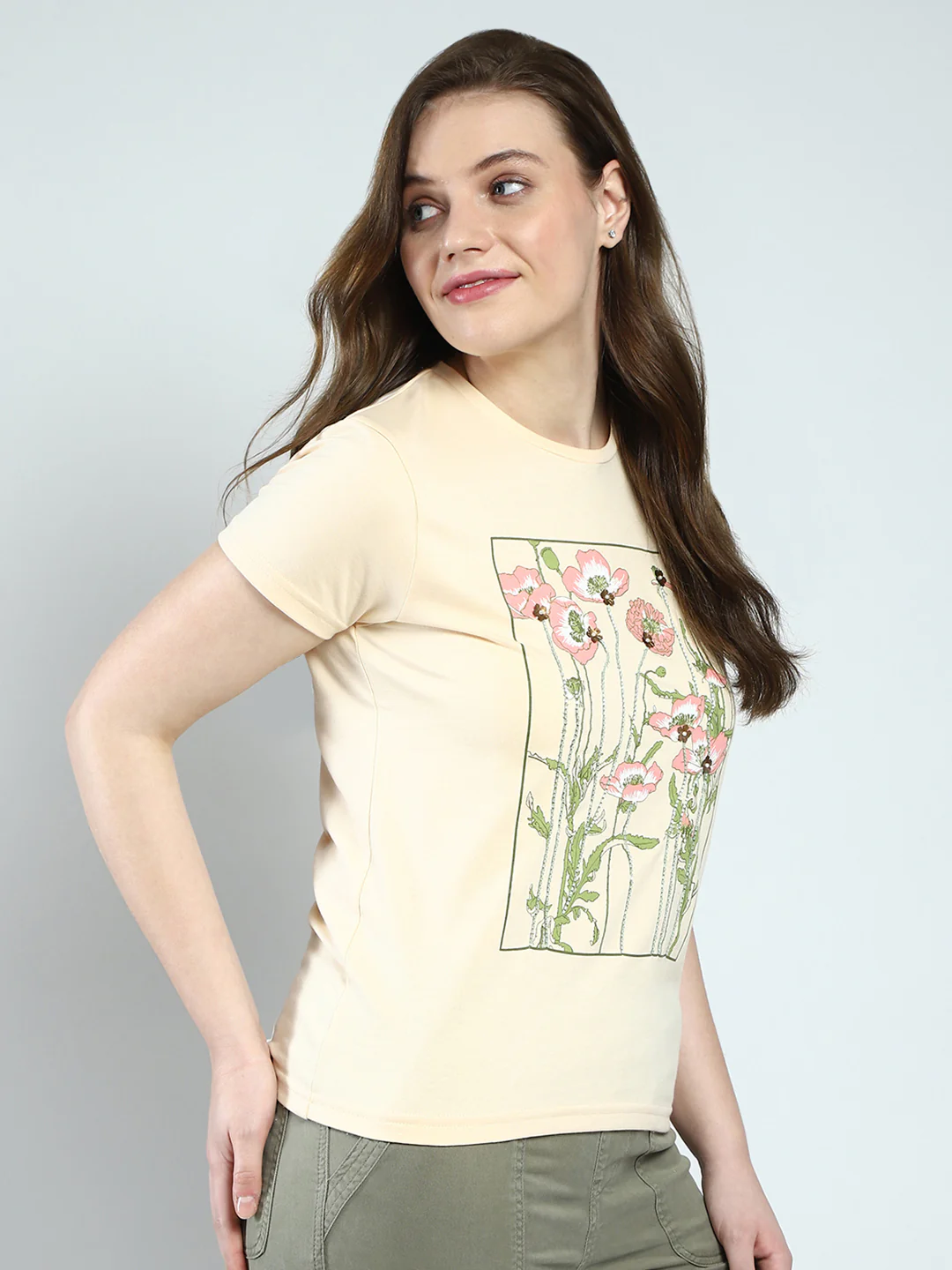 Women Beige Printed Round Neck Half Sleeve Top - Image 4