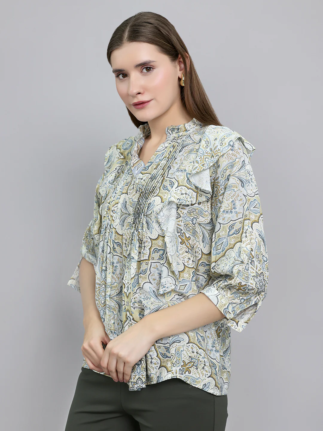 Women Beige Printed V Neck 3/4th Sleeve Top - Image 2