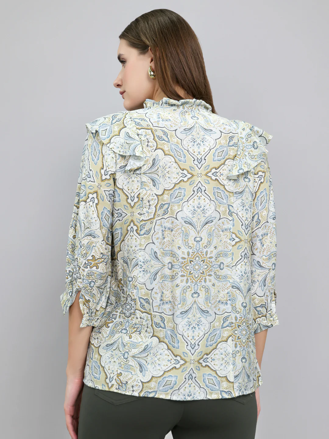 Women Beige Printed V Neck 3/4th Sleeve Top - Image 4