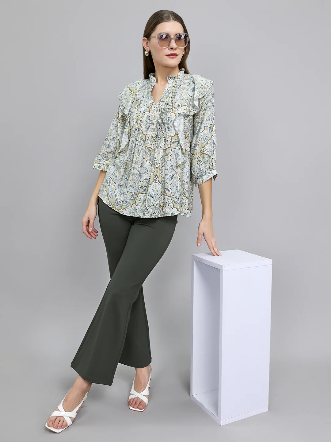 Women Beige Printed V Neck 3/4th Sleeve Top - Image 6